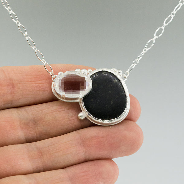 Rock Necklace w/ Beach Stone Rock Pendant in Round Silver Metal Frame